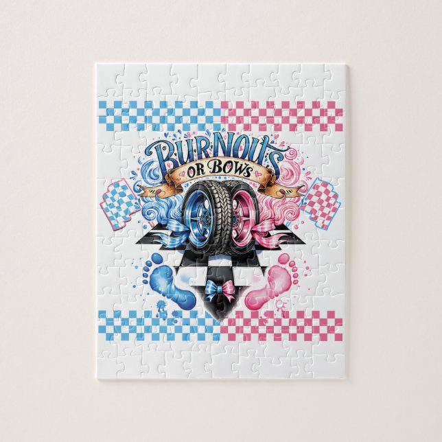 Quebra-cabeça Gender Reveal Pink and Blue Bows and Tires (Vertical)