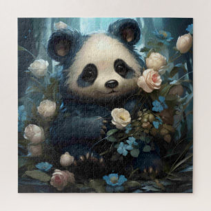 Quebra-cabeça Gentil Urso Panda Entre Rosas Selvagens