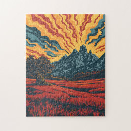 Quebra-cabeça Geometric Mountain Peaks and Red Field Graphic Art