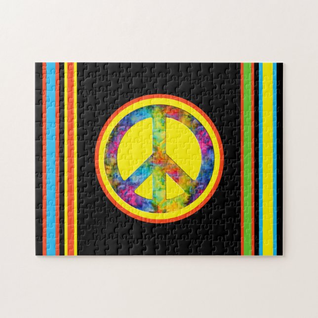 Quebra-cabeça [Geometric Tie-Dye] Stripes with Peace Sign Black (Horizontal)