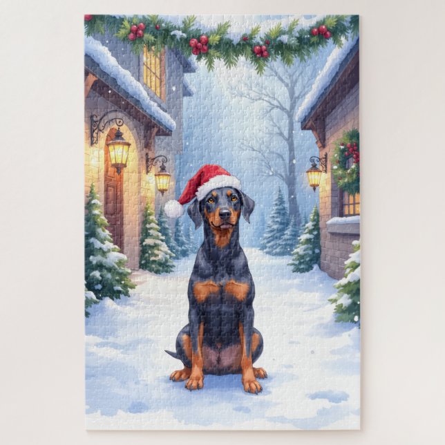 Quebra-cabeça German Pinscher Snowy Courtyard Santa Hat (Vertical)