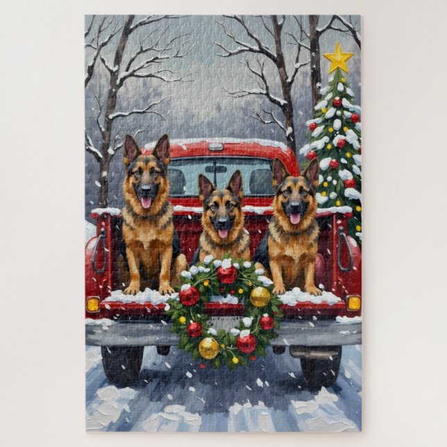 Quebra-cabeça German Shepherd Christmas Red Truck Holiday (Vertical)