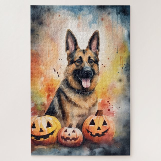 Quebra-cabeça German shepherd De Halloween Com Abóboras Assustad (Vertical)