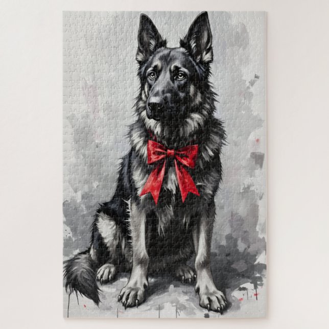 Quebra-cabeça German Shepherd Dog Valentine's Day Red Bow (Vertical)
