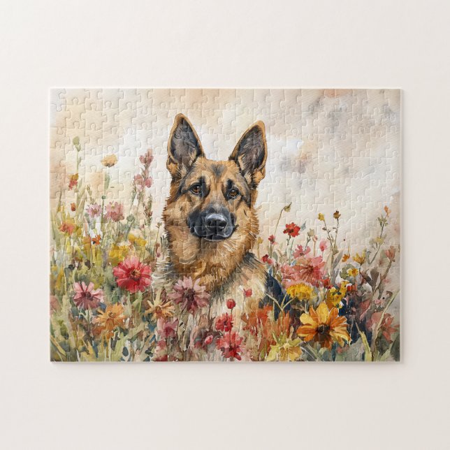 Quebra-cabeça German shepherd Entre Flores Selvagens Vibrantes (Horizontal)