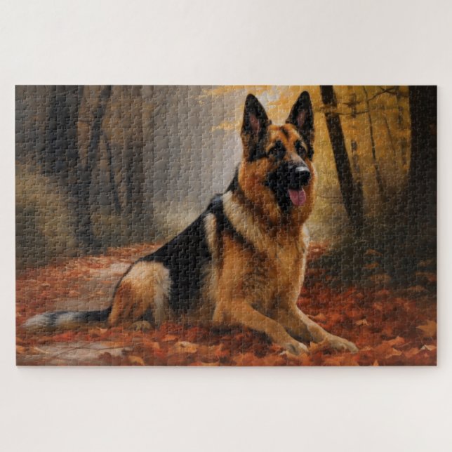 Quebra-cabeça German shepherd no outono Folhas caem inspiração (Horizontal)