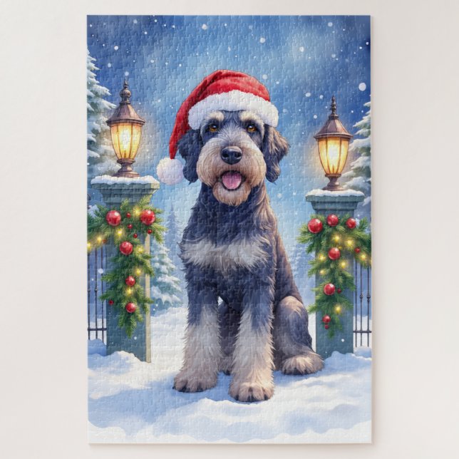 Quebra-cabeça Giant Schnauzer Snowy Iron Fence Santa Christmas (Vertical)