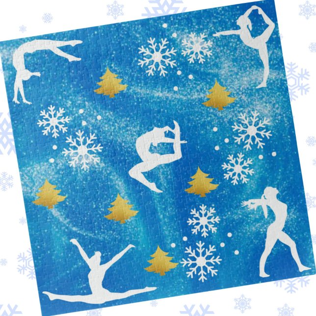 Quebra-cabeça Ginástica Natal Azul Brilho Branco Padrão (Gymnastics Christmas Blue Sparkle White Pattern Jigsaw Puzzle)