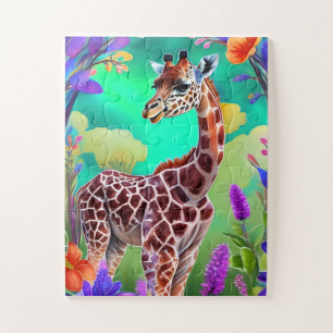Quebra-cabeça Girafa Bonita Cercada por Flores