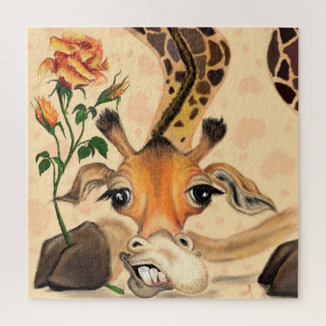 Quebra-cabeça Girafa Engraçada com Rosa (Vertical)