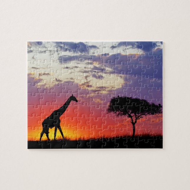 Quebra-cabeça Girafa silhuetada ao nascer do sol, Giraffa (Horizontal)