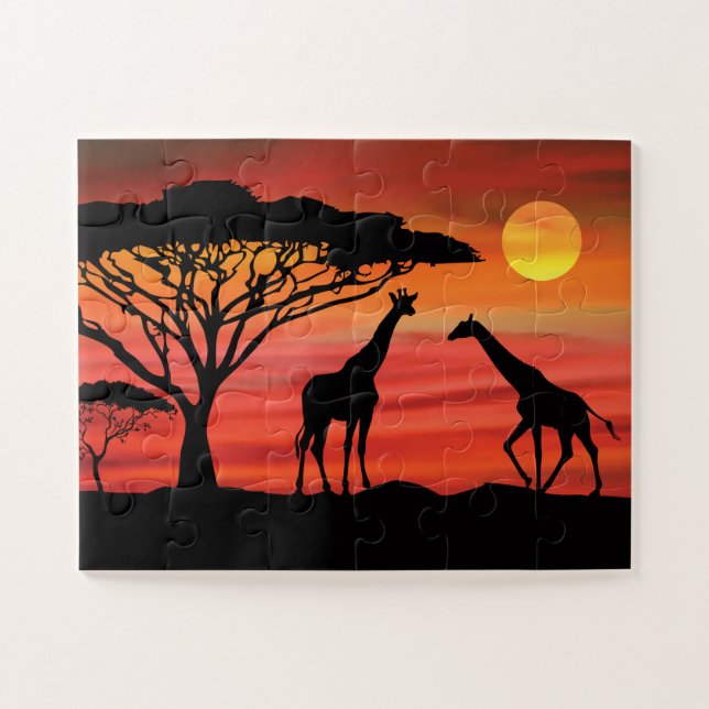 Quebra-cabeça Girafas Pôr do Sol Africano (Horizontal)