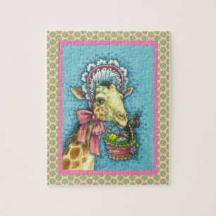 QUEBRA-CABEÇA GIRAFFE EM BONNET DE PÁSCOA DE PRIMAVERA, CESTA DE