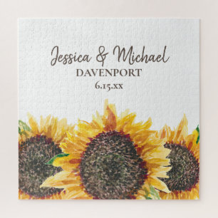 Quebra-cabeça Girassóis Amarelo Marrom Aquarela Casamento Branco