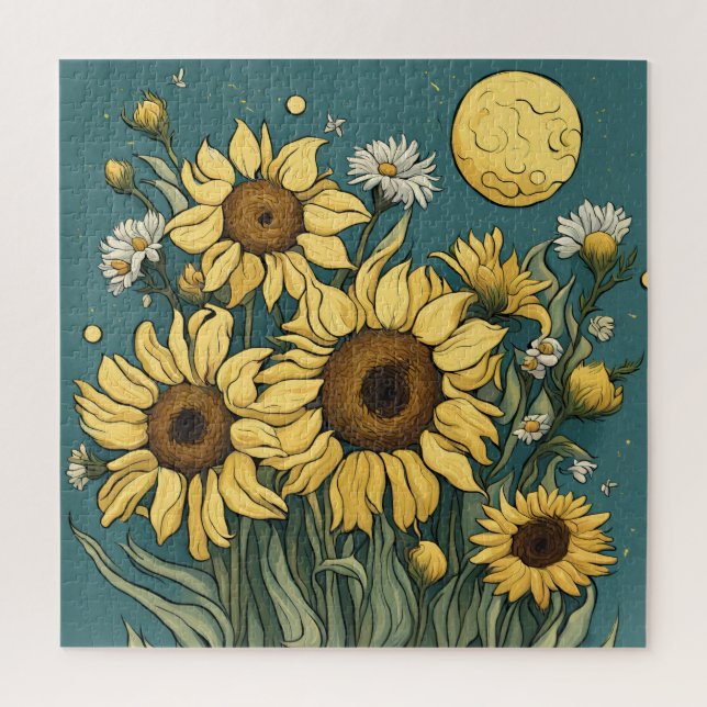 Quebra-cabeça Girassóis com estilo Van Gogh de lua cheia Floral (Vertical)