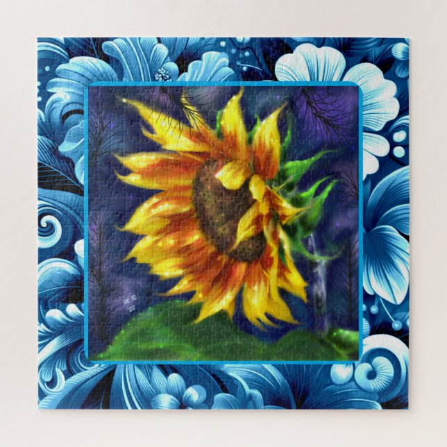 Quebra-cabeça Girassol Azul Noturno Flor Verde Amarelo Floral (Vertical)