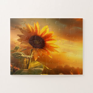 Quebra-cabeça girassol de flor de planta bonita no pôr do sol