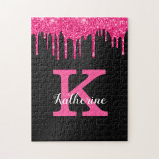 Quebra-cabeça Girly Black Hot Pink Glitter Drips Monogram Name