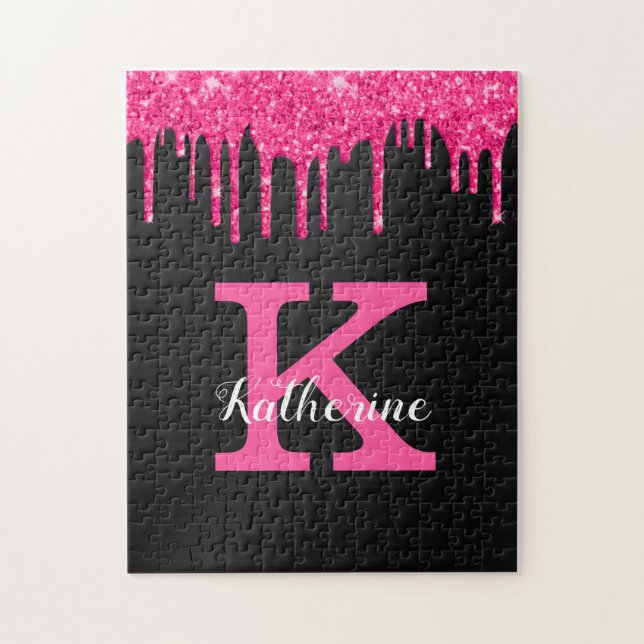 Quebra-cabeça Girly Black Hot Pink Glitter Drips Monogram Name (Vertical)