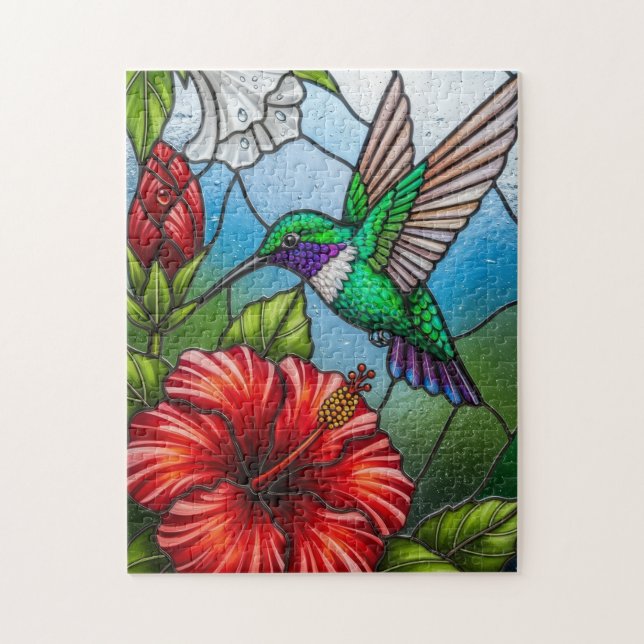 Quebra-cabeça Glass Patchwork Hummingbird Garden Floral Mosaic (Vertical)