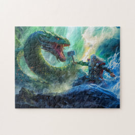 Quebra-cabeça God Thor with Thorshammer fighting Midgards snake