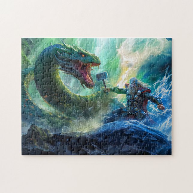 Quebra-cabeça God Thor with Thorshammer fighting Midgards snake (Horizontal)