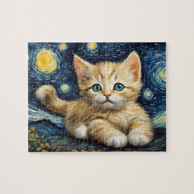 Quebra-cabeça Gogh Style Starry Night Cat (Horizontal)