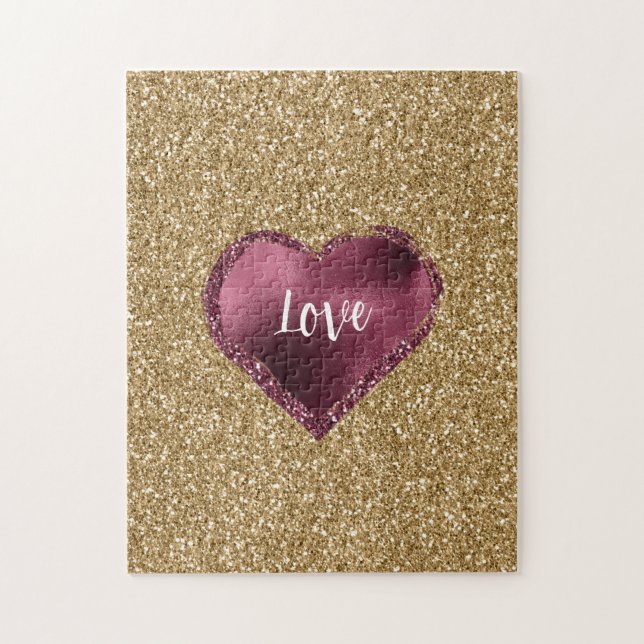 Quebra-cabeça Gold Glitter Burgundy Red Heart Love (Vertical)