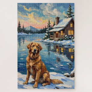 Quebra-cabeça Golden Retriever Antigo à Beira do Lago no Natal