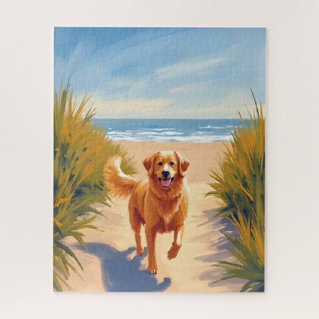 Quebra-cabeça Golden Retriever Beach Path | Ocean Dog Pet (Vertical)