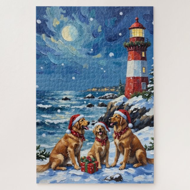 Quebra-cabeça Golden Retriever Christmas Lighthouse Holiday (Vertical)