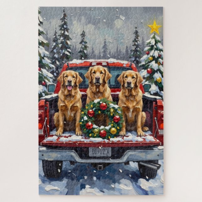 Quebra-cabeça Golden Retriever Christmas Red Truck Holiday (Vertical)