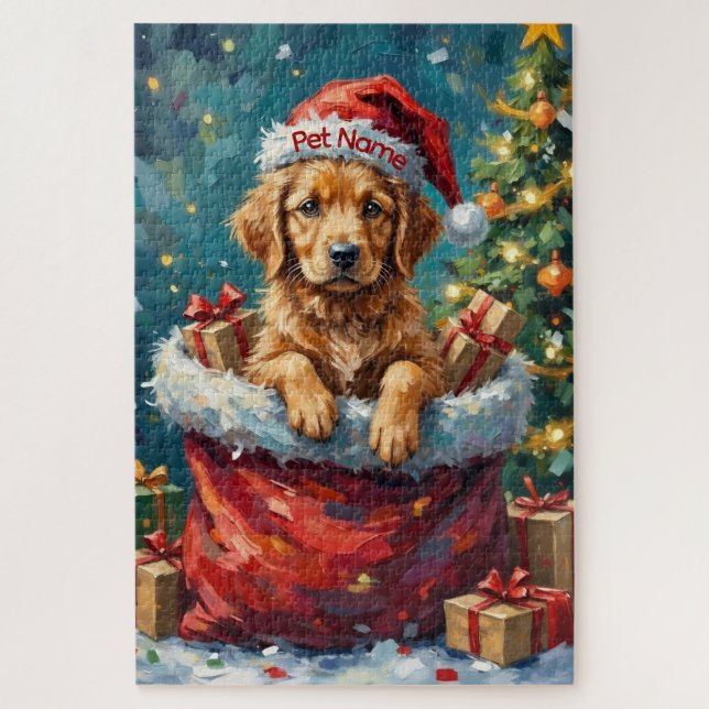Quebra-cabeça Golden Retriever Christmas Santa Bag Adventure (Vertical)