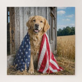 Quebra-cabeça Golden Retriever Envolto em uma Bandeira Americana