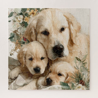 Quebra-cabeça Golden Retriever Family Puppies Vintage Christmas