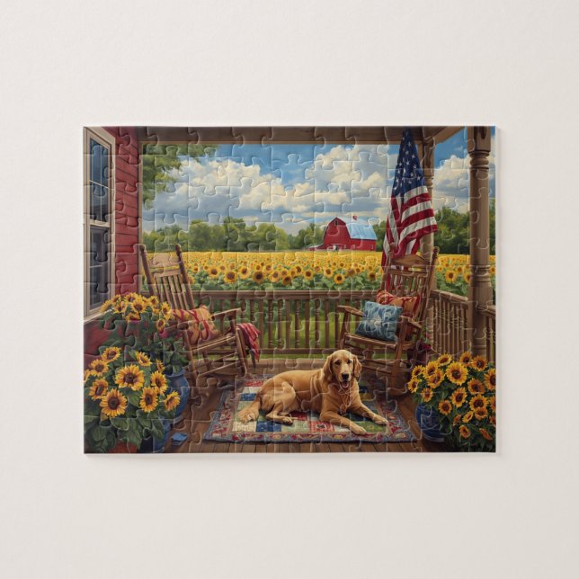 Quebra-cabeça Golden Retriever Porch Sunflowers USA Flag (Horizontal)