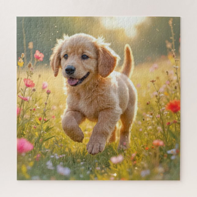 Quebra-cabeça Golden Retriever Puppy Running In a Meadow (Vertical)
