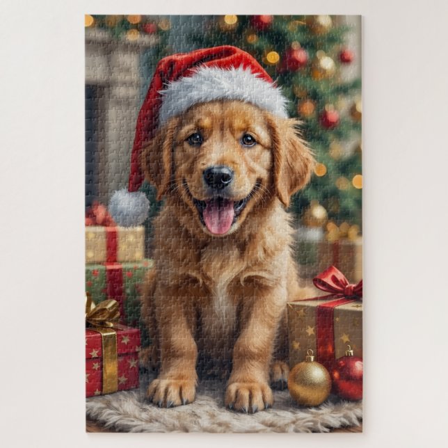 Quebra-cabeça Golden Retriever Puppy's First Christmas Festive (Vertical)