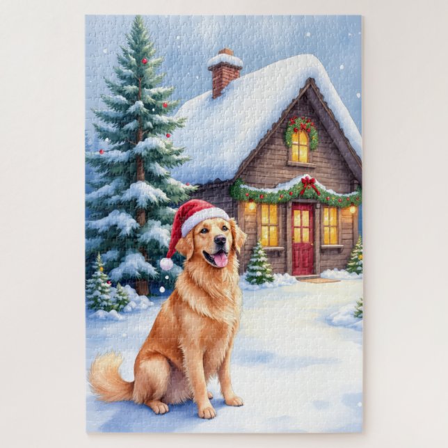 Quebra-cabeça Golden Retriever Rustic Cabin Santa Hat Christmas (Vertical)