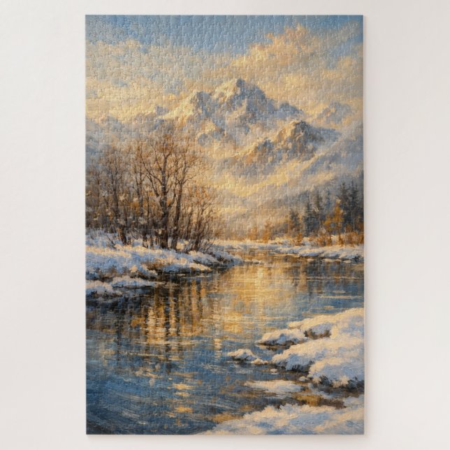 Quebra-cabeça Golden Winter River Serenity – Oil Painting Puzzle (Vertical)