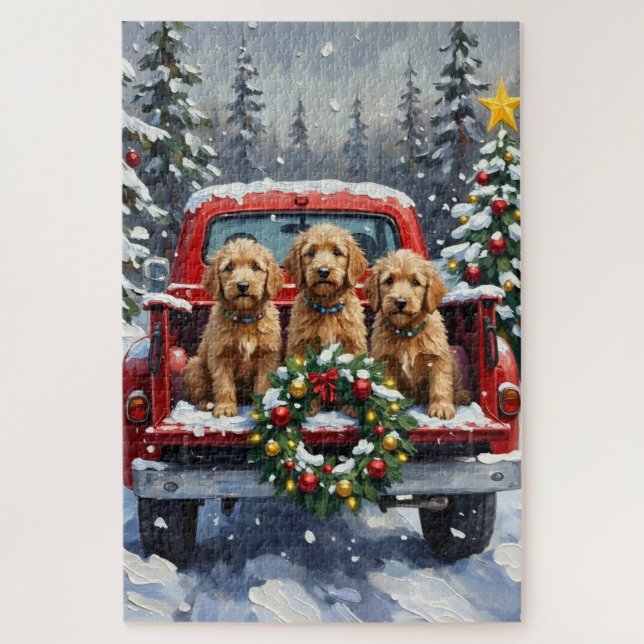 Quebra-cabeça Goldendoodle Christmas Red Truck Holiday (Vertical)
