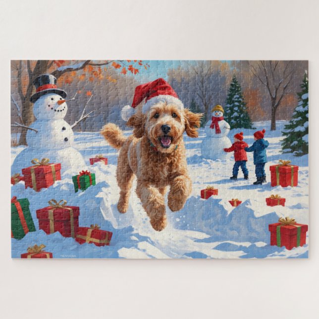 Quebra-cabeça Goldendoodle Correndo na Neve com Chapéu de Natal (Horizontal)