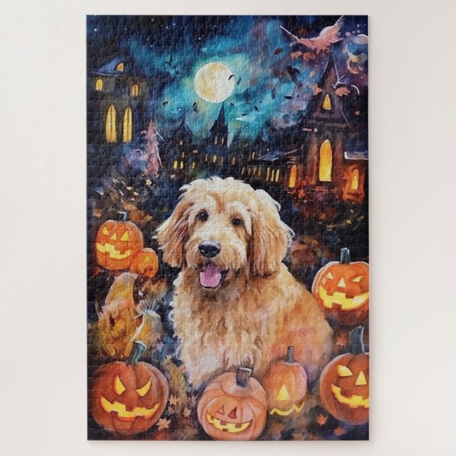 Quebra-cabeça Goldendoodle do Halloween Com Pumpkins Assustado (Vertical)