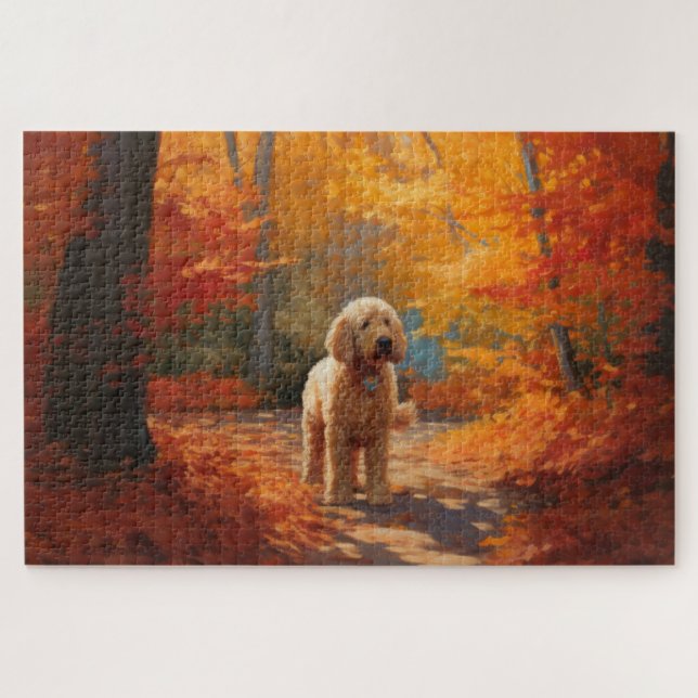 Quebra-cabeça Goldendoodle no outono deixa cair inspiração (Horizontal)