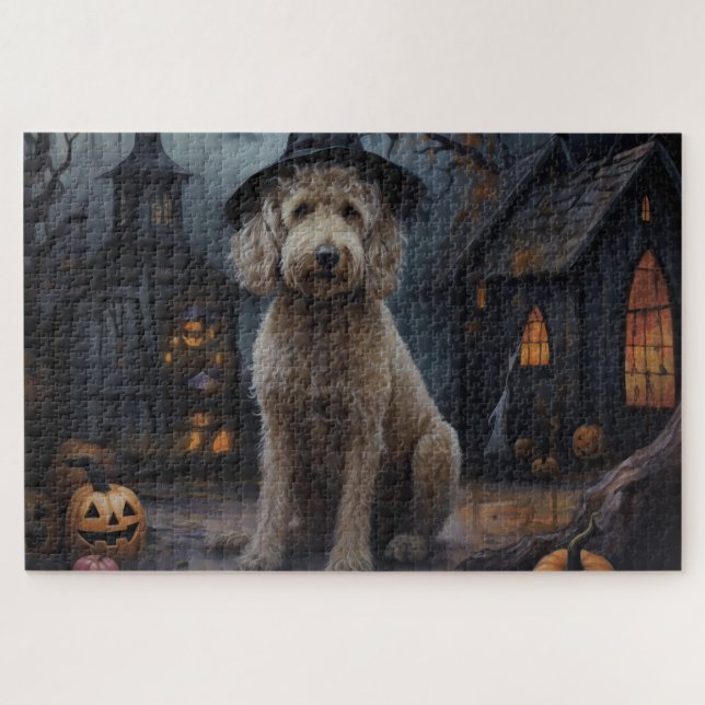 Quebra-cabeça Goldendoodle Pumpkins Halloween Assustado (Horizontal)