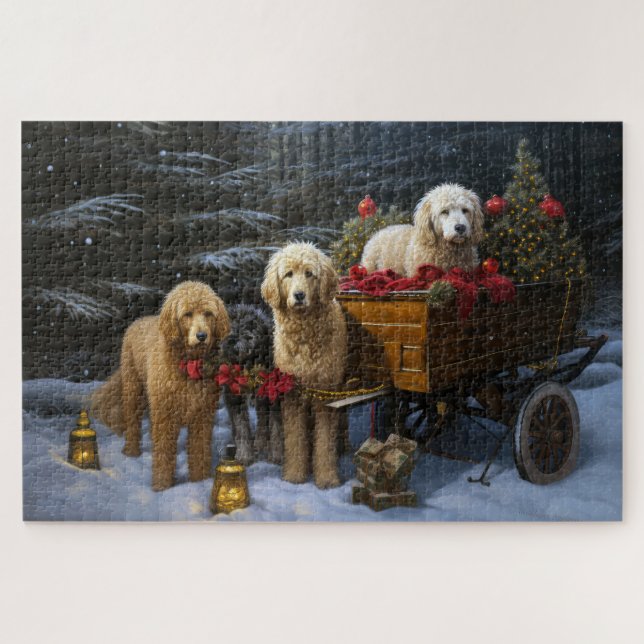 Quebra-cabeça Goldendoodle Snowy Sleigh Decência de Natal (Horizontal)