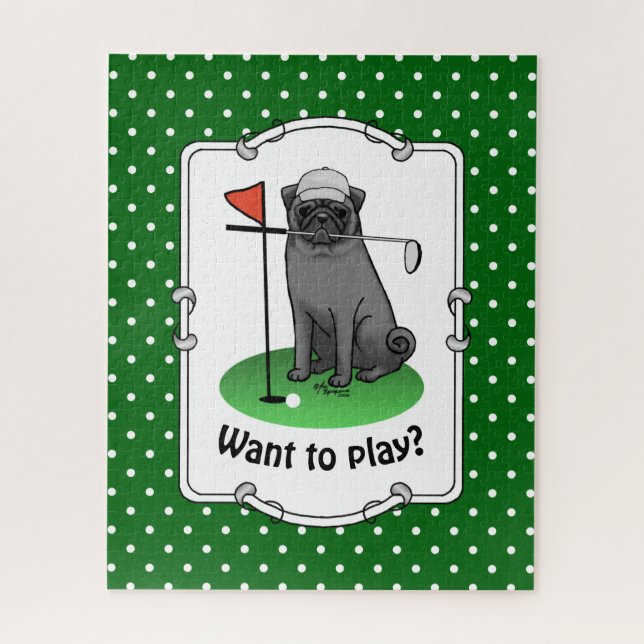 Quebra-cabeça Golf Pug Jogando Golfe (preto) Cachorro Bonito Eng (Vertical)