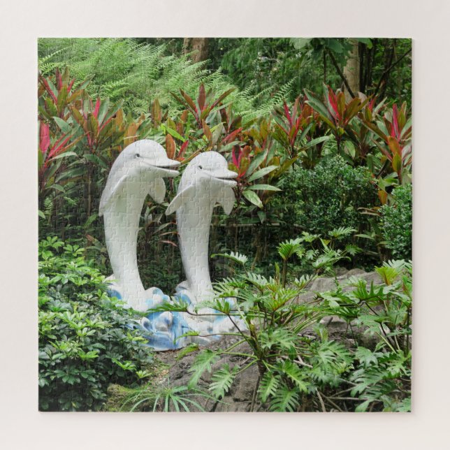 Quebra-cabeça Golfinho, estátua, parque, plantas, flores, nature (Vertical)