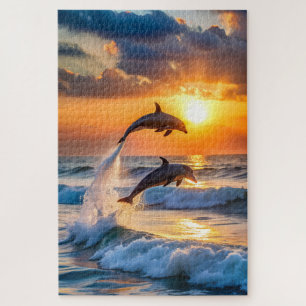 Quebra-cabeça Golfinhos ao pôr do sol saltando
