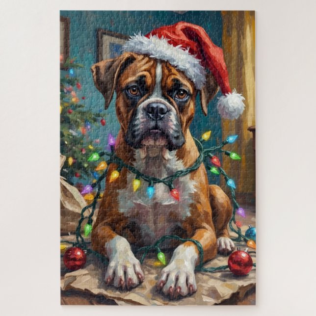 Quebra-cabeça Goofy Boxer Dog Tangled in Christmas Lights (Vertical)